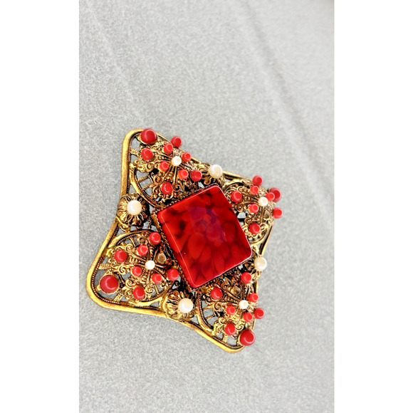 Vintage 1930s Austrian/Czech (Bohemian) W. Germany Filigree Brooch 2.5" - Picture 13 of 16